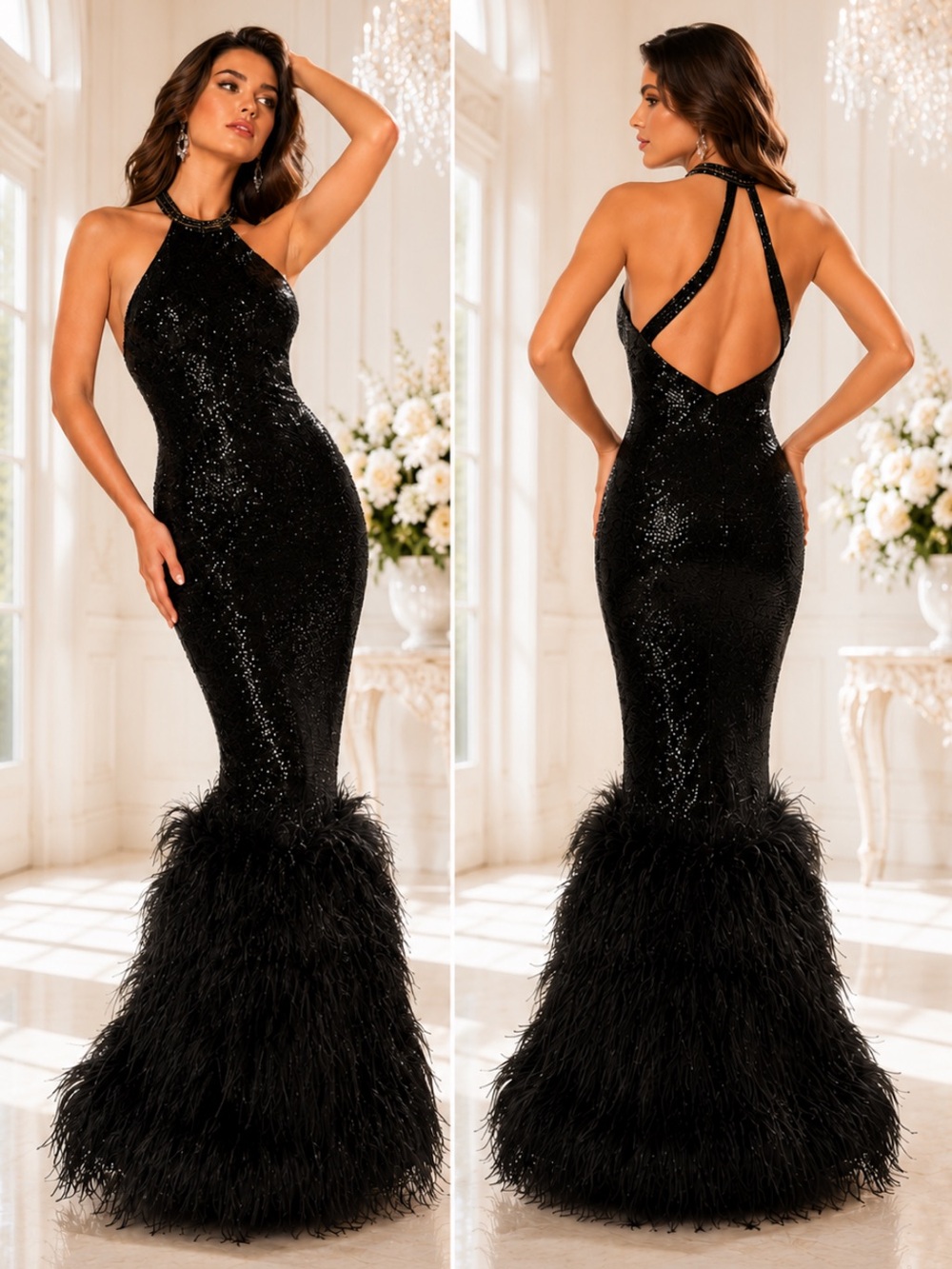Colette for Mon Cheri sequins ELEGANT OSTRICH bottom long Gown